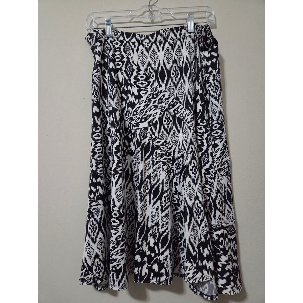 Choices Womens Black White Ikat Geometric Midi Skirt Elastic Waist Medium